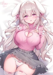 1girl blouse blush bow_panties breast_suppress breasts bunny_ears bunny_girl cameltoe gray_hair hair_ornament hair_ribbon highres jirai_kei large_breasts long_hair lying lying_on_back original panties ribbon_panties shiono_(0303) shirt skirt straight_hair thighhighs