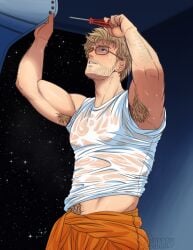 armpit_fetish armpit_hair armpits blonde_hair concentrating glasses hairy_male happy_trail muscular_male project_hail_mary repairing ryland_grace screwdriver sweat wet_shirt