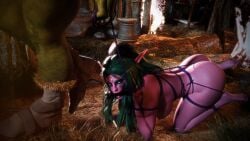 1boy 1girls 3d all_fours bitch_taken_for_walk bound gagged green_hair green_skin horde_domination night_elf nude orc orc_(warcraft) pet_play purple_skin restrained rope shibari tyrande_whisperwind world_of_warcraft