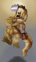 1boy abs anthro anus ass balls canine clothing colored etness flaccid loincloth male male_only mammal muscular pecs penis simple_background solo