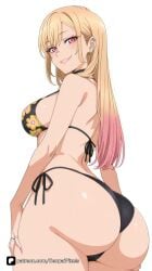1girl ai_generated artist_name ass back bangs bikini black_bikini black_choker blonde_hair breasts choker cowboy_shot ear_piercing earrings floral_print from_behind gradient_hair grin gyaru halterneck jewelry kitagawa_marin large_breasts long_hair looking_at_viewer looking_back marin_kitagawa multicolored_hair my_dress_up_darling parted_lips patreon piercing pink_eyes pink_hair pink_nails print_bikini red_eyes ring senpai_pixels sensitive side-tie_bikini_bottom simple_background smile solo sono_bisque_doll_wa_koi_wo_suru string_bikini swimsuit thighs white_background
