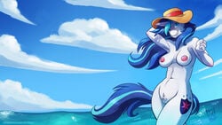 1girls 2015 anthro anthrofied areola armpits big_breasts blue_eyes blue_hair breasts cloud cutie_mark equine erect_nipples female friendship_is_magic gleaming_shield_(mlp) hair hat horn hourglass_figure long_hair mammal multicolored_hair my_little_pony navel nipples nude outside pussy rule_63 shining_armor_(mlp) sky smile solo two_tone_hair unicorn water zwitterkitsune