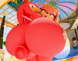 3d_(artwork) anthro aroused between_thighs big_butt big_penis butt butt_focus butt_grab clenched_teeth crown digital_media_(artwork) duo echidna genitals gynomorph hand_on_butt headgear hi_res huge_butt intersex kirby_animatez knuckles_the_echidna looking_at_butt looking_back low-angle_view male mammal monotreme narrowed_eyes penis poolside sega sonic_adventure sonic_the_hedgehog_(series) swimming_pool teeth tikal_the_echidna