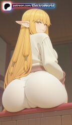 1girl 1girls 2026 ai_generated artist_name ass blonde_hair desk electroworld elf frieren_beyond_journey's_end hi_res high_quality high_resolution highres long_hair looking_back patreon patreon_username pointy_ears serie_(sousou_no_frieren) smile solo sousou_no_frieren stable_diffusion watermark