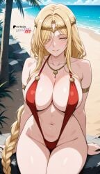 ai_art ai_generated bangs beach blonde_hair boosterred99 braided_hair elden_ring hair_intakes hair_over_one_eye large_breasts long_hair mature_female naughty_face ocean outdoors palm_tree ponytail queen_marika_the_eternal red_sling_bikini red_slingshot_swimsuit sidelocks sling_bikini slingshot_bikini slingshot_swimsuit stable_diffusion twin_braids very_long_braid yellow_eyes