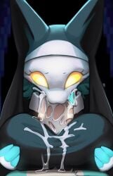 blowjob blue_hair cum_in_mouth cum_on_breasts deltarune holding_breast nun storm_(artist) tasque_manager_(deltarune) tasque_manager_(nun) yellow_eyes