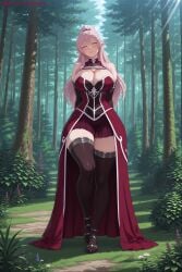 1girl ai_generated ariane_glenys_lalatoya bangs bare_shoulders black_dress black_legwear blush breasts cleavage dress forest gaikotsu_kishi-sama_tadaima_isekai_e_o_dekake-chuu grass hi_res high_quality high_resolution kiraamane large_breasts long_hair looking_at_viewer nature outdoors patreon pink_hair ponytail red_dress seductive sexy smile solo standing thighhighs uncensored watermark yellow_eyes