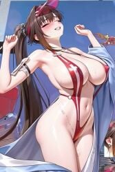 ahe_gao ai_art ai_generated animal_costume ass blush breasts brown_hair chair commentary earrings female from_behind goddess_of_victory:_nikke grok grok_imagine high_ponytail highres jewelry large_breasts lifeguard_chair long_hair marciana_(nikke) molar_breaker official_alternate_costume penguin penguin_costume penguin_hair_ornament ponytail red_slingshot_swimsuit sandals simple_background slingshot_swimsuit solo sound swimsuit tagme underarm very_long_hair video visor_cap wet white_background yellow_eyes