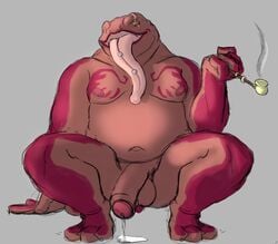 1boy amphibian anthro anthro_only balls big_balls carpemortem_(artist) gamabunta leaking male male_only naruto overweight penis piercing pipe presenting simple_background slightly_chubby solo thick_penis toad tongue tongue_piercing