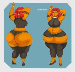 2023 abs big_breasts black_booty_shorts blue_lipstick booty_shorts breath_of_the_wild dark-skinned_female female female_only gerudo green_eyes high_heels huge_ass mackdazzle nintendo red_hair riju shiny_skin shortstack simple_background tears_of_the_kingdom the_legend_of_zelda thick_ass thick_thighs tight_clothing wide_hips
