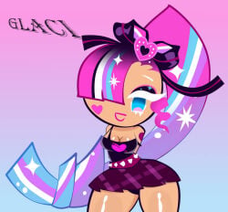 1girls belt breasts cookie_run cookie_run_kingdom eyelashes eyeshadow glitter glitter_eyeshadow glittering_hair hair_ornament hands_behind_back heart heart_on_cheek heart_tattoo long_hair looking_at_viewer makeup multicolored_hair one_eye_obstructed pink_hair ponytail shining_glitter_cookie skirt smile strap_slip tank_top tattoo thick_thighs thighs