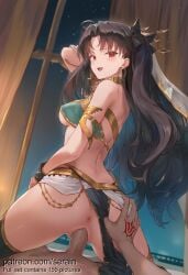 1boy 1girl 2026 ai_generated anus arm_behind_head armlet ass ass_grab back bare_shoulders black_hair blush breasts bridal_gauntlets clothed_female_nude_male clothed_sex clothing_aside command_spell crown curtains earrings fate_(series) girl_on_top gold_trim hair_ribbon hetero highres hoop_earrings indoors ishtar_(fate) jewelry long_hair looking_at_viewer looking_back medium_breasts neck_ring no_panties nsfw open_mouth parted_bangs pelvic_curtain penis pov pussy red_eyes reverse_cowgirl_position ribbon serain sex sex_from_behind single_thighhigh smile solo_focus spread_legs straddling thighhighs thighs tiara two_side_up uncensored vaginal veil window
