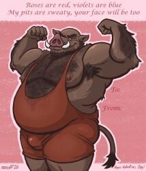 2026 absurd_res anthro arm_hair armpit_hair bald barazoku beard belly belly_hair big_belly bodily_fluids body_hair bulge chest_hair detailed_bulge english_text erect_nipples facial_hair flexing flexing_bicep flexing_both_biceps hi_res holiday_message holidays looking_at_viewer male mammal mature_anthro mature_male moobs musclegut muscular muscular_anthro muscular_male nanoff nipples obese obese_anthro obese_male overweight overweight_anthro overweight_male solo suarez_(nanoff) suid suine sus_(pig) sweat sweaty_armpit tail text tusks valentine's_day valentine's_day_card wild_boar