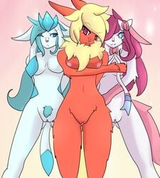 big_breasts blonde_hair blue_eyes blue_hair breasts clitoris eeveelution featherystorm feline female flareon fluffy frowning glaceon group hair long_hair looking_at_viewer looking_away mammal nintendo pink_eyes pink_hair pokemon pokemon_(species) pubes pussy short_hair small_breasts smile sylveon video_games