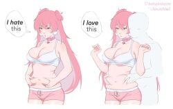1girls 1male babypink_(vtuber) chubby_female collar english_text hotpants pink_hair text