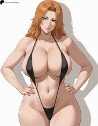 1girl 1girls ai_generated armpit_crease bikini black_bikini black_one-piece_swimsuit black_slingshot_swimsuit bleach bleach:_the_thousand-year_blood_war blue_eyes breasts closed_mouth collarbone curvy hands_on_own_hips hi_res high_quality high_resolution highres huge_breasts light light_smile lips long_hair looking_at_viewer matsumoto_rangiku midriff navel nose opal_nemy orange_hair patreon_logo patreon_url patreon_username plain_background rangiku_matsumoto self_upload shadow shiny shiny_clothes shiny_hair shiny_skin simple_background slingshot_swimsuit solo swimsuit watermark white_background