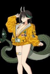 animated animated_gif biscione_(fate) black_hair cleavage dragon_girl dragon_tail fate/grand_order fate_(series) flimbonio glasses horns huge_breasts jacket lanyard mostly_nude name_tag nude_edit nude_jacket pointy_ears short_hair sprite sprite_edit tail thigh_strap