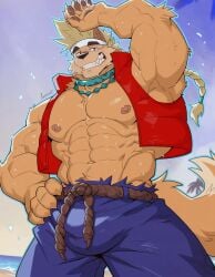 1boy 2026 ai_generated artist_request bara bulge dreamworks forgotten_island furry furry_only gay male male_only muscular nipples raww_(forgotten_island) solo weredog