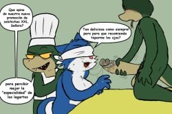 4_fingers anthro bedfellows blindfold blue_body blue_fur bodily_fluids chef_hat circumcised clothed clothing digital_media_(artwork) domestic_cat felid feline felis female fingers fur genital_fluids genitals green_body green_skin group hat headgear headwear horny_bunjester humanoid_genitalia humanoid_penis lizard mammal multicolored_body oblivious oral partially_clothed penis questionable_consent reptile saliva saliva_string scalie simple_background smile spanish_text sweat tail text translation_check translation_request trio two_tone_body wilma_(bedfellows) yellow_eyes