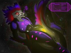 alien anthro arm_feathers arm_tuft avian colored cosmic_background english_text feather_hair feathered_crest feathers female genitals halo_(series) head_crest hi_res highlights_(coloring) kig-yar long_tail microsoft pseudo_hair red_body red_feathers scalie sex_toy solo soltoros t'vaoan tail tail_feathers text tuft vulva xbox_game_studios
