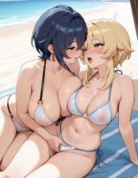 2girls ai ai_generated beach beach_towel belle_(zenless_zone_zero) big_ass big_breasts bikini blonde_hair breasts_pressed_against_partner curvy_female dark_hair face_to_face fingering light-skinned_female lumine_(genshin_impact) moaning sitting sitting_together sweat teasing voluptuous yuri