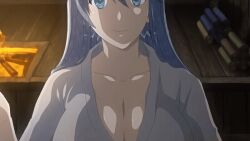 10s 1girl 1girls 2017 animated animated_gif aqua_eyes blue_hair breasts cleavage collarbone damaged female fire firewood heian indoors kimono large_breasts light_skinned-female long_hair looking_at_viewer no_bra pale_skin pov sash shikkoku_no_shaga smile solo tagme very_long_hair wooden_floor wooden_house yama_ni_sumu_musume