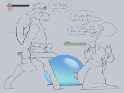 ambiguous_gender anthro asinus beaker bodily_fluids bottomwear capybara caviid clothing dialogue donkey dripping duo english_text equid equine erection eyewear gameplay_mechanics genital_fluids genitals glasses gui hat headgear headwear health_bar hi_res hooves hud judas_(onleigh) laboratory_equipment laboratory_glassware level_difference level_number liquid loincloth looking_at_another male mammal melee_weapon muscular muscular_male onleigh party_hat penis pink_smoke precum precum_drip robe rodent scientific_instrument shield size_difference slime_(blob) smoke speech_bubble surprised sword text unguligrade weapon wearing_glasses