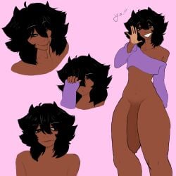 bags_under_eyes black_eyes black_hair cocknix crop_top dark-skinned_male dark_skin english_text femboy flaccid half-dressed hung hung_femboy male no_pants smiling_at_viewer smug smug_face solo thick_thighs