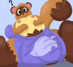 animal_crossing belly big_bulge blue_eyes bulge feet furry looking_at_viewer male male_only moobs nintendo oshawott222_(artist) overweight slightly_chubby solo solo_male spread_legs spreading taniki tom_nook