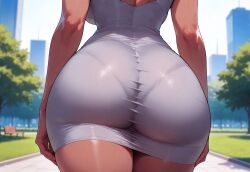 1female 1girl 1girls 2026 ai_assisted ai_generated arms_at_sides artist_name ass ass_focus back backboob bench blurry blurry_background breasts building ccmint city close-up curvy dark-skinned_female dark_skin day depth_of_field dress female female_focus from_behind grass grey_dress guilty_gear guilty_gear_strive guilty_gear_xrd head_out_of_frame highres huge_ass impossible_dress large_breasts outdoors pantylines park park_bench patreon patreon_logo patreon_username pencil_dress ramlethal_valentine shiny_clothes short_dress skin_tight sky sleeveless_dress solo taut_clothes taut_dress thick_thighs thighs tight_clothes tight_dress tree uncensored underbutt white_dress wide_hips