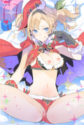 :q blonde_hair blue_eyes breasts cape clarisse_(granblue_fantasy) gloves granblue_fantasy midriff navel pussy snow tajima_ryoushi tied_hair tongue tongue_out twintails