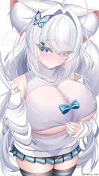1girl blue_eyes breasts female fox_ears fox_girl full-face_blush gradient_eyes huge_breasts looking_down miniskirt nipple_bulge shy skirt solo spoken_blush thick_thighs thighhighs thunder_thighs tugging underboob white_hair wide_hips