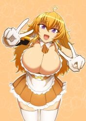 1girls 6457i cleavage clothed_female long_hair long_hair_female maid maid_apron maid_outfit maid_uniform purple_eyes rwby solo_female yang_xiao_long