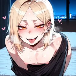 1boy 1femboy 2025 :p ai_generated balls bed bed_sheet bedroom bent_over black_long_sleeves black_shirt black_top black_topwear blonde_hair blush civitai ear_piercing femboy feminine_male girly indoors nipple_slip nipples orange_hair original original_character oversized_clothing oversized_shirt oversized_topwear pectorals pierced_ear piercing piercings shirt steamy_breath sweat sweatdrop testicles thick_thighs thighs tongue tongue_out top topwear trap twink valeur