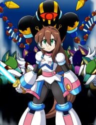 1girls black_bodysuit bodysuit brown_hair clothing clothing_damage cover_page green_eyes handcannon iris_(mega_man) long_hair medium_breasts mega_man mega_man_x mega_man_x_dive nightmare_virus robot_girl sword vcampan wolves