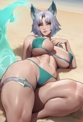 ai_assisted ai_generated ami_han beach bikini drawingthings12 exaggerated_anatomy fox_ears gold_eyes marvel_rivals thick_thighs white_fox white_fox_(marvel) white_fox_(marvel_rivals) white_hair yellow_eyes