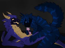 anthro armorless_protogen blue_body blue_eyes blue_fur bodily_fluids chest_tuft cider_(firealone) claws cum cum_on_knot cum_on_own_penis cum_on_penis cum_on_self digital_drawing_(artwork) digital_media_(artwork) dragon dragon_tail drooling duo ear_piercing fellatio firealone fluffy fluffy_hair fluffy_tail fur furgonomic_piercing furgonomics genital_fluids genitals grey_background hair hand_on_leg hand_on_thigh handjob hi_res horn hybrid knot knotted_penis long_hair machine male male/male mane markings multicolored_body mythological_creature mythological_scalie mythology open_mouth oral paws penile penis piercing pink_penis protogen protogen_visor purple_body purple_fur ribbed_penis saliva scalie seven_(firealone) sex signature simple_background striped_markings stripes tail tan_body tan_eyes tan_fur traced tuft two_tone_body vignette