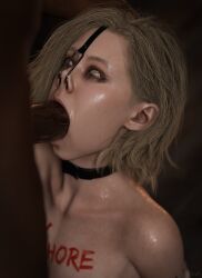 3d big_penis blonde_hair blowjob body_writing collar dark-skinned_male grace_ashcroft naked nose_hook resident_evil resident_evil_9:_requiem ruined_makeup