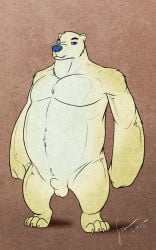 2015 5:8 animal_genitalia anthro balls bear belly big_belly black_eyebrows blue_eyes blue_nose claws dated eyebrows front_view full-length_portrait fully_sheathed fur genitals glistening glistening_eyes hi_res hufnaar looking_at_viewer male male_anthro mammal mouth_closed narrowed_eyes nude overweight overweight_anthro overweight_male polar_bear portrait sheath signature simple_background solo standing ursine white_balls white_body white_fur white_sheath yellow_body yellow_claws yellow_fur
