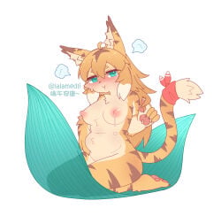 absurd_res anthro blonde_hair bodily_fluids breast_milking breasts butt cygames felid female green_eyes hair hi_res lactating lalamedli mammal mia_(world_flipper) nipples nude pantherine pink_nipples sex_toy shy solo tiger world_flipper yellow_body
