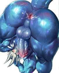 a163382 absurd_res anthro anus balls black_nipples blue_body blush bodily_fluids butt butt_focus clenched_teeth cum cum_on_butt erection feathers foreskin genital_fluids genitals glistening glistening_butt hands_behind_head hi_res horn humanoid_genitalia humanoid_penis jewelry lizard male muscular muscular_anthro muscular_male necklace nipples nude one_eye_closed penis precum reptile retracted_foreskin scalie simple_background solo sweat teeth upside_down vein veiny_penis white_background yellow_eyes