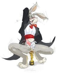 academy_awards anal anal_masturbation anal_penetration anthro award bodily_fluids bottomless bow_tie bugs_bunny clothed clothing dildo erection genital_fluids genitals gloves grech4 handwear hi_res improvised_sex_toy lagomorph leporid looking_at_viewer looney_tunes male mammal masturbation oscar_statuette penetration penis precum rabbit sex_toy solo suit trophy warner_brothers