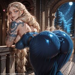 1girl ai_generated arched_back arm_tattoo ass ass_focus backdoorsenpai bent_over big_ass blonde_hair blue_dress blue_eyes braid brown_belt close-up curvy egao european_mythology feet_out_of_frame female_focus from_behind god_of_war god_of_war_ragnarok gold_circlet hair_ornament hair_over_shoulder hand_on_own_face heart large_breasts leaning_forward lips looking_at_viewer mythology naughty_face naugty_eyes neck_tattoo norse_mythology open_mouth perky_breasts sif_(god_of_war) solo steam strapless_dress sweat thick_thighs thighs very_long_hair wet wide_hips
