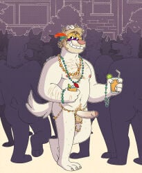 2026 anthro areola arm_hair avian backsack balls barefoot beaded_clothing beaded_jewelry beads beverage biped body_hair building butt canid canine canis carnival_(holiday) chest_hair claws crowd domestic_dog drinking_straw erection feathers feet foreskin genitals glass group hair half-closed_eyes halftone happy_trail hi_res holidays jewelry leg_hair lime_slice looking_at_viewer male male_anthro mammal mardi_gras mask nardodraws narrowed_eyes navel nipples nude_anthro nude_male open_mouth open_smile outside party penis plant pubes shrub signature smile solo_focus standing tan_hair white_body