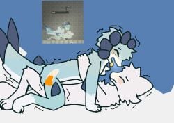 animal_genitalia animal_penis anthro arcticolthetwinfox blue_body blue_fur bodily_fluids canid canine canine_genitalia canine_penis casualties:_unknown cum cum_inside duo ejaculation female fox from_front_position fur genital_fluids genitals gunsaw gunsawian hi_res knot lying male mammal milky_(gunsawian) motion_lines on_back penis reverse_missionary_position roza_(gunsawian) sex white_body white_fur