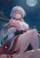 1boy 1girl 2026 acheron_(honkai:_star_rail) ai_generated architecture bare_shoulders breasts censored cocomiyart cowgirl_position east_asian_architecture full_moon girl_on_top grey_hair hair_ornament hair_over_one_eye hetero highres honkai:_star_rail japanese_clothes kimono kimono_pull large_breasts long_hair moon mosaic_censoring night night_sky nipples nsfw obi outdoors parted_lips penis pussy rain red_eyes red_gloves sash sex sky solo_focus straddling tattoo uncensored vaginal very_long_hair wet white_hair white_kimono