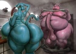 anthro ass balls breasts cartoon_network cat female hohohonse huge_ass huge_balls huge_breasts huge_cock male moobs morbidly_obese nicole_watterson penis rabbit richard_watterson shirt_lift the_amazing_world_of_gumball thick_thighs undressing wide_hips