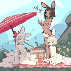 3girls bow breasts convenient_censoring dark-skinned_female dialogue drink hair_ornament nude nude_female outdoor_nudity outdoors pale-skinned_female pecan_delight_(zako_sketch) picnic rabbit_ears rabbit_girl red_velvet_(zako_sketch) small_breasts spoken_heart umbrella vanilla_cream_(zako_sketch) zako_sketch