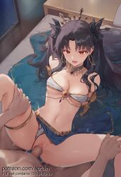 1boy 1girl 2026 ai_generated armlet arms_behind_back bandeau bare_shoulders bed black_hair blue_skirt blush breasts cleavage clothed_female_nude_male clothing_aside earrings fate_(series) gold_earrings gold_trim hair_ribbon hetero highres hoop_earrings indoors ishtar_(fate) jewelry large_breasts leg_grab long_hair lying medium_breasts missionary motion_lines navel neck_ring nsfw nude on_back on_bed open_mouth panties panties_aside parted_bangs penis pov pussy red_eyes ribbon serain sex solo_focus spread_legs stomach thigh_grab thighlet thighs tiara two_side_up uncensored underwear vaginal white_panties