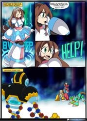 1boy 2girls big_breasts brown_hair comic green_hair iris_(mega_man) long_hair lowres medium_breasts mega_man mega_man_x mega_man_x_dive nightmare_virus open_mouth page_1 robot_girl short_hair text text_box text_bubble vcampan white_gloves wolf
